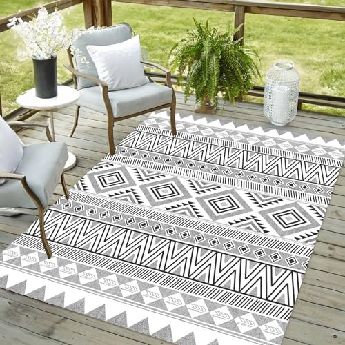 Vamcheer In-& Outdoor Modernes Teppich- robuster Teppich, Ideal für Küche und Esszimmer, Teppich Läufer Vintage-Optik, Boho Geometrisches Style,Balkon Terrasse, Grauschwarz 120x170