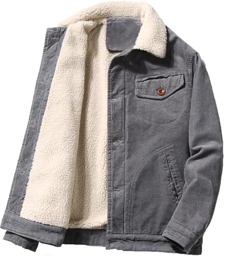 Juneyou Giacca da uomo in velluto a coste con colletto rialzato, foderato in sherpa, caldo cappotto con tasche, grigio, M