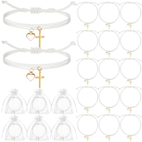 Ferreve 30 Sets Baptism Party Favors for Guests Cross Bracelets Adjustable First Communion Gifts Christian Jesus Bracelets Gold Cross Charm for Infant Baptism Graduation Church Wedding