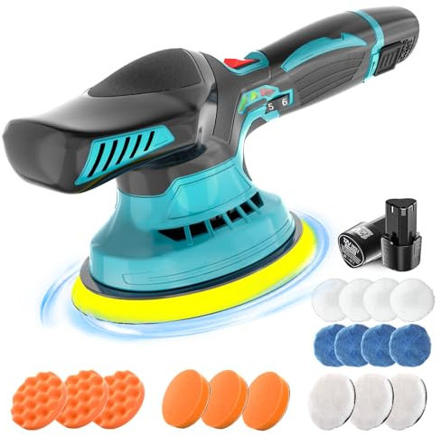 Cordless Car Buffer Polisher with 2PCS 3000mAh Battery, 6 Inch Polishing Machine Kit 6 Variable Speed 1800-5800RPM, with Tool Bag Extra 17PCS Attachments Used for Car Detailing/Waxing/Sanding