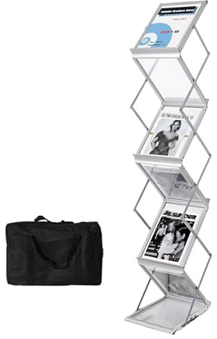 TUKA-i-AKUT Faltbar Prospektständer 6 Fächer A4 aus Alu / Acryl, Inkl. Tragetasche, Literaturständer Bodenprospektständer Magazinständer Kataloghalter Falt-Prospektaufsteller, Silber, TKD8430-A4-Sa