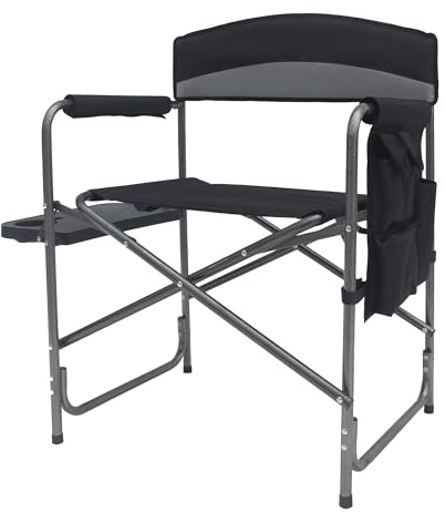 Silla de camping XXL negra con mesa plegable – 83 x 63 cm – Cómoda silla de director extra ancha con bolsillos – Silla plegable para jardín, camping, festival, grande, capacidad de carga 150 kg