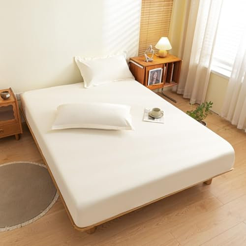 Epinki Bettlaken 180x200cm Faltbar, Spannbettlaken Spanner Einfarbig Beige Weiß Matratzenschutz, Baumwolle Bett Laken Bezug für Boxspringbett & Wasserbett