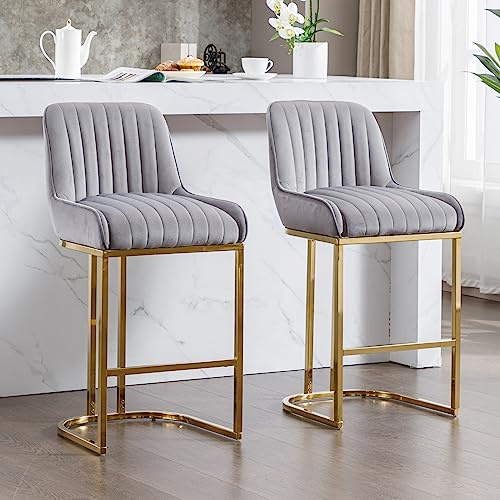 Ya-Home Juego de 2 Taburetes Altos de Cocina de Terciopelo Sillas Altas de Cocina sin Reposabrazos,Taburetes de Bar Modernos con Patas de Metal Doradas para Isla de Cocina/Resturante,Gris