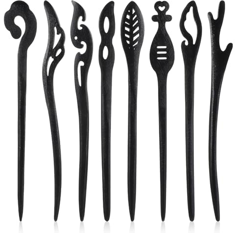 Lot de 8 bâtons à cheveux en bois pour femme, chignon chinois vintage japonais pour chignon - Épingles à cheveux longs pour chignons faits à la main - Accessoires Hanfu pour femmes et filles