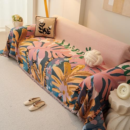 Surwin Jeté de Canapé Imprimé Fleuri, Chenille Housse de Canapé d'angle 1 2 3 4 Places en Forme de L, Réversible de Serviette, Universel Protege avec Gland (Fleurs Feuilles,180x300cm)