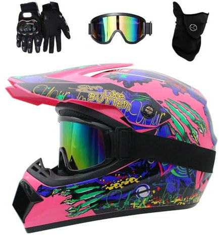 Jugend Kinder MTB Motocross Helm Satz, mit Handschuhe Brille Maske, Unisex Integral ATV Offroad Straße Motorrad Helme, Bergab Enduro Quad Dirtbike Absturz Helm(Pink,S/52-53CM)
