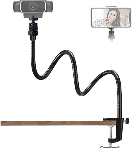 Etubby Webcam Stand Phone Holder Desktop Adjustable Gooseneck Video Clamp Stand Camera Mount for Cellphones, Logitech Webcam C922 C930e C920S C920 C615, Etc. (1/4 Threads, 5.5cm Clamp)
