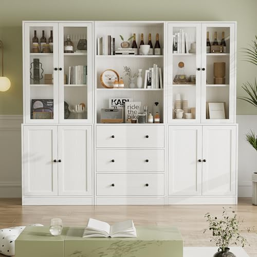 VOWNER Libreria con Ante in Vetro, 180cm Libreria Espositiva Alta, Mobile Vetrina Soggiorno con Cassetti, Armadietto con Vetrina Armadietto Laterale per Soggiorno, ABA (Bianco)