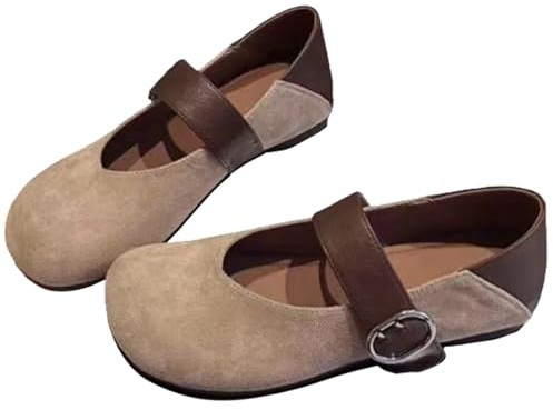 Women's Mary Jane Flat, Orthopedic Suede Ballet Cute Round Toe Classic Mary Jane Shoes Slip On Casual Shoes Work Dress (37EU,B-Khaki)