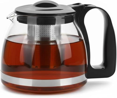 VIVIANA Teekanne Glas – Mit Edelstahl-Teesieb, Sodaglas, Schwarzer Griff, Spülmaschinenfest, für losen Tee, Tropffreier Ausguss (1250ml)