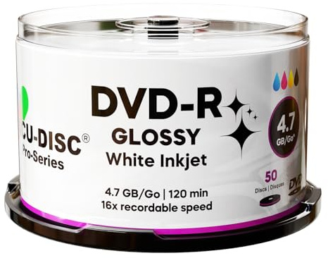 Acu-Disc Pro-Series Glossy White Inkjet DVD-R 4.7GB 120min 16x – Full-Face Hub Printable Blank Recordable Discs for Duplication, Video & Media Production (50)