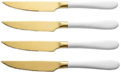 Set 4 Coltelli da Cucina Coltello da Colazione Bistecca Seghettati in Acciaio Coltelli da Tavola Lama 11 cm, Adatto per Carne Pomodoro Affettare Pane Posate Lavabile in Lavastoviglie Dorate Colore Oro