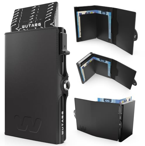 WUTARG Tarjetero Hombre Urban Series Cartera Minimalista RFID NFC con Pop-up metálico, Cuero PU, Billetera compacta antirrobo para Tarjetas y Billetes - 10 × 6,5 × 2 cm (Black)