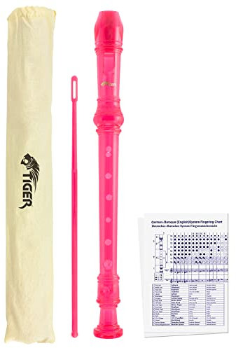 TIGER REC7-PK Diskant/Sopran Schulblockflöte mit Tasche, Flötenputzer und Grifftabelle, Englische/Barocke Griffweise - Rosa