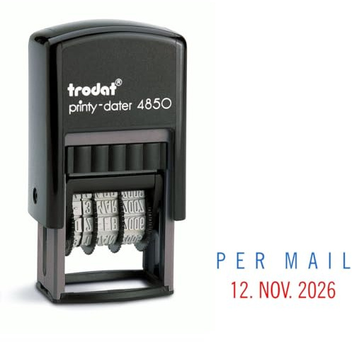 Trodat Printy Dater 4850 datumstämpel med 2 färgad kudde blå/röd + önsketext, stämpel text:P E R M A I L