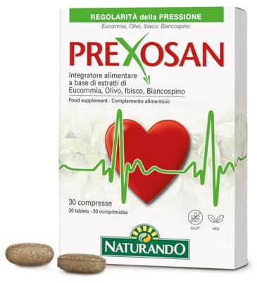 Naturando Prexosan Integratore alimentare che favorisce la regolarità della pressione con Eucommia, Olivo, Biancospino, Ibisco - 30 compresse Vegano Senza Glutine