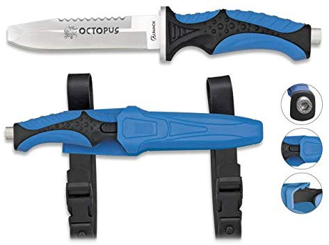 Cuchillo Submarinismo y Actividades acuaticas OCTOPUS Azul 11,5 cm Buceo,Caza, Pesca, Camping, Outdoor, Supervivencia y Bushcraft Albainox 32332 + Portabotellas de regalo