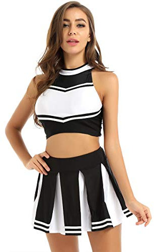 inhzoy Damen Cheerleading Cheer Leader Uniform Rock Crop Top Set Tanz Karneval Fasching Party Halloween Kostüm A_Schwarz L