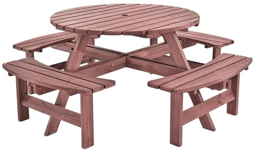 Panana 8 Seater Round Wooden Picnic Table Set with Benches, Solid Fir Wood Garden Table with Parasol Hole, Outdoor Dining Furniture for Garden, Park, Family Gatherings