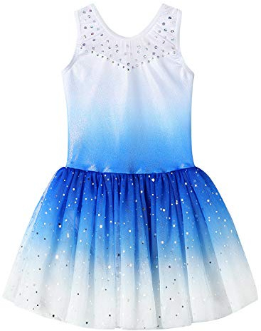 XiaoMoSha Ballettkleidung Mädchen Ballettkleid Turnanzug Kurzarm/Langarm Balletttrikot Ballettanzug Mädchen Tanzkleid mit Chiffon-Rock, Blau-Weiß, 6-7 Jahre