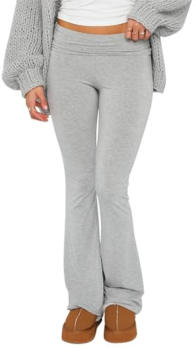 LSFYSZD Women Fold Over Waistband Stretchy Yoga Pants Flared Pants Leggings Bell Bottoms (Light Grey, M)