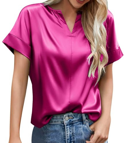 Generic Satin Bluse Damen Elegant Tunika Sommer Kurzarm Oberteile V-Ausschnitt Basic Tops Modern Elegant Blusen Party T Shirt Einfarbig Hemdbluse Casual Locker T Shirt Hemd Elegante T-Shirt