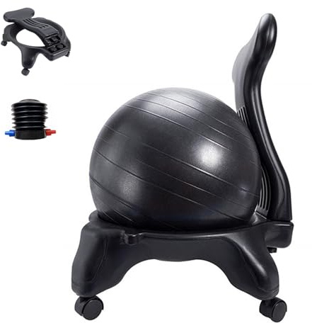 Chaise Ballon Chaise Boule de Stabilité avec Support Dorsal, Boules de Bureau avec Roues et Pompe à Air, Boule de Yoga D'équilibre Ergonomique, Siège de Fitness, 55 Cm