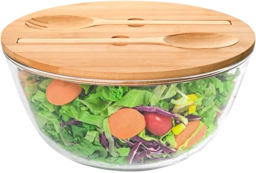 LOVYANXUE Glas-Salatschüssel mit Deckel, 26,9 cm, große Kapazität, Rührschüsseln mit Utensilien, vielseitige Servierschüsseln für Salate, Obst, Nudeln, Popcorn, Trifle-Schüssel, mikrowellengeeignet