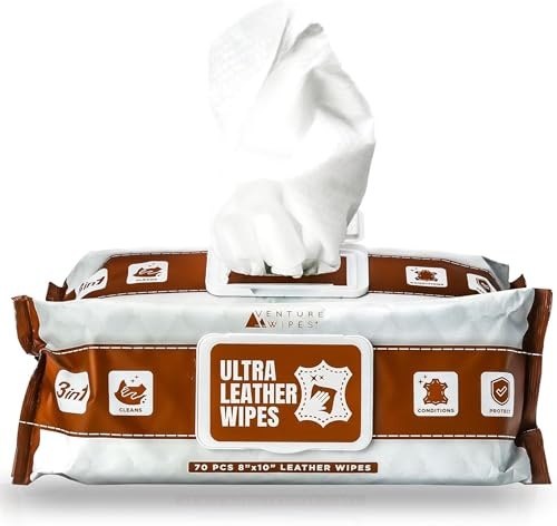 Venture Wipes Leather Cleaner Wipes - Clean, Condition, & Protect - Cleansing Wipes for Interior, Furniture, Purses, Shoes Boots - Car Cleaning Supplies - Extra Large 8x10 - 70 Count