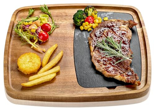 LiWiBet Acacia Wood Slate Steak Plate for Meat Cheese Appetizers, Steak Cutting Plate Board Serving Tray Cheese Appetizer Platter Perfect for Housewarming, Christmas, Mother's Day