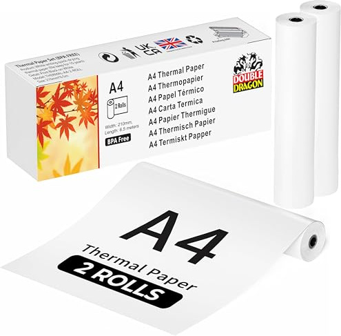 Double Dragon 2 Rollen A4 Thermodruckerpapier | 210x297mm (8,27 x 11,69) | Kompatibel mit Phomemo M08F, M832, M834, Q302, Brother, Munbyn (54 Blatt)