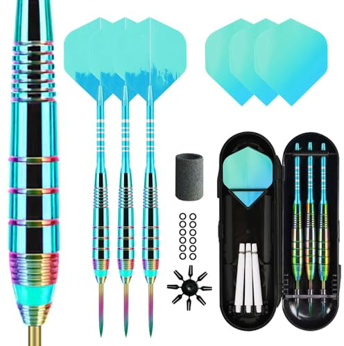 Lavishio Juego de 3 ejes de dardos de aluminio con punta de acero, juego de dardos profesionales de punta de acero + 3 plumas de dardos adicionales, 3 ejes de plástico de repuesto (azul-verde)