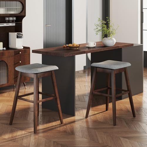 GIANTEX Barstol set om 2, barstol 360° roterbar, kökspall, vadderad, snurrstol köksstol med fotstöd, diskpall, bistropall, sitthöjd 76 cm, sittpall trä modern, brun
