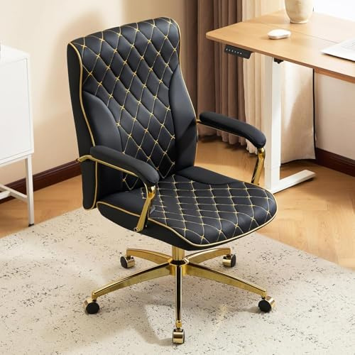 Ckaff Fauteuil Bureau, Fauteuil de Direction en Cuir PU, Chaise de Bureau Ergonomique avec Large Assise, Dossier Inclinable et Hauteur Réglable, Chaise de Travail Chaises d'Ordinateur Pivotante, Noir