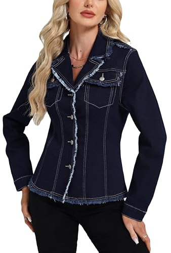 Ladyful Denim Blazer Jacket for Women Stretchy Lapel Long Sleeve Button Up Fray Jean Coat Outerwear