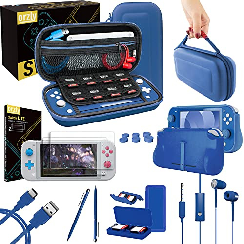 Orzly Switch Lite Accesoires, Zubehör für Nintendo Switch Lite (2019) Panzerglas Schutzfolien, USB Ladekabel, Konsole Tragetasche, Spiele Patronenhülse, Comfort Grip Case, Kopfhörer - Blue