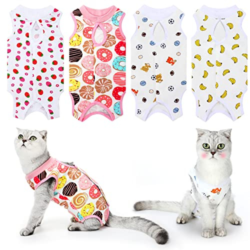 4 Pieces Cat Recovery Suits Body Wraps Breathable Kittens Recovery Clothes for Cats Small Dogs Abdominal Weaning(Banana, Football, Strawberry, Donut,S)