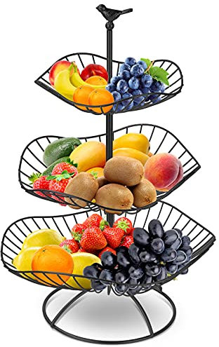 Wylnsie 3-stufiger Früchtekorb Obstkorbständer Obstschale Metall, Gemüsekorb Obst Aufbewahrung für Küchentheke Esstisch (Schwarz)