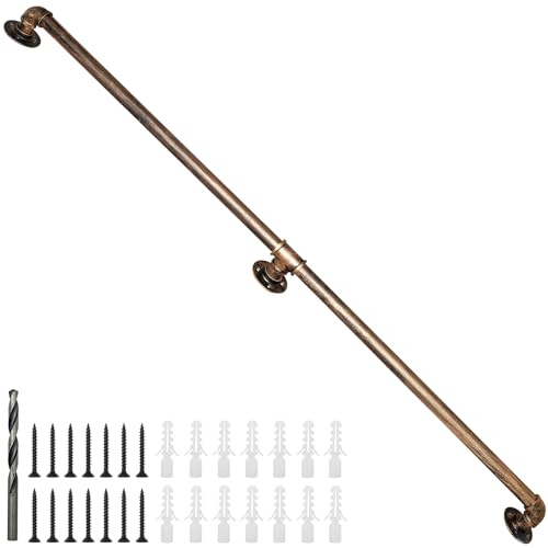 Rebala Wall Handrail 6FT,Industrial Staircase Railing 1.25 Inch Tube Diameter,Galvanized Pipe Handrail,Handrails for Indoor Stairs with Wall Mount Support for Indoor, Outdoor,Antique Brass
