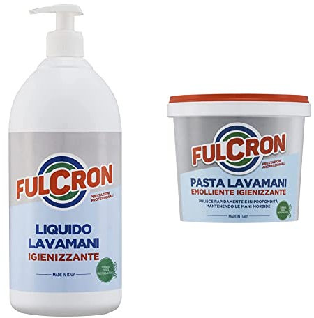 Fulcron Liquido Lavamani 1 Lt, Sapone Liquido Lavamani Sgrassante E Detergente, Alto Potere Pulente & Pasta lavamani 750 ml, Lavamani emolliente e detergente