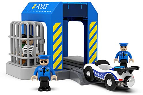 TOPLIVING Zubehör für Holzeisenbahnschienen, Polizeistation, kompatibel mit Allen Eisenbahnschienen, Erweiterungspaket für Kinder ab 3 Jahren