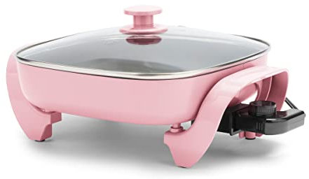 GreenLife Padella elettrica quadrata in ceramica antiaderente da 12 pollici con coperchio in vetro, lavabile in lavastoviglie, controllo della temperatura regolabile, senza PFAS, rosa
