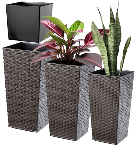KADAX 3er Set Pflanzkübel mit Innentopf 57/68/75 cm Höhe, Mokka Rattan – wetterfeste & robuste Blumenkübel aus Kunststoff, Blumentöpfe für Innen- & Außenbereich