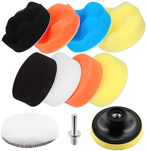 Swpeet 11pcs bil skum borr polering kudde kit, 5 färger 6 tum svamp buffering kuddar, ull buffert kuddar, sugkopp med M14 borr adapter för bil polering vax tätning glasyr (Stiler nr 2)