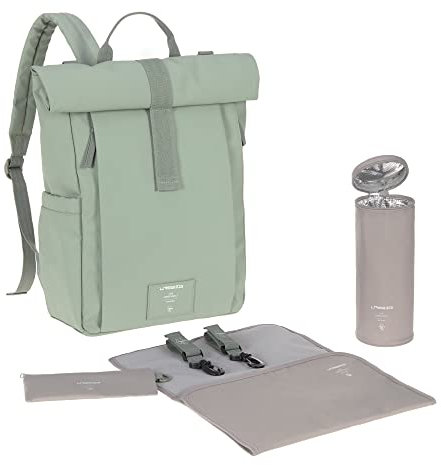 LÄSSIG Baby Wickelrucksack Wickeltasche Rucksack mit Wickelunterlage, Kinderwagenbefestigung, Flaschenhalter nachhaltig produziert/GRE Rolltop Up Backpack silver green