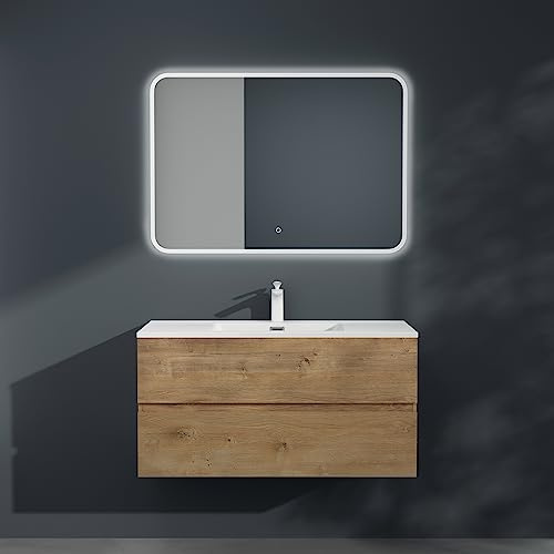 Mai & Mai Badmöbel-Set Waschtisch mit Unterschrank Waschbeckenunterschrank 80x48x50cm in Kerneiche 2-Schubladen mit Soft-Close inkl. Mineralguss Waschbecken Aqualis