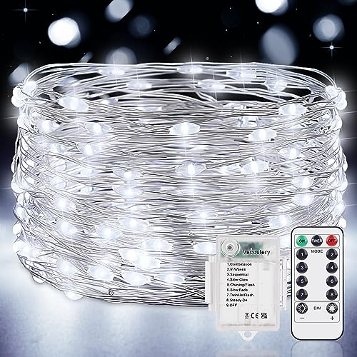 Vacoulery Guirlande LED à Pile 1 Pièce 12M 120LEDs Guirlande Lumineuse Pile 8 Modes Guirlande Lumineuse LED avec Minuterie et Télécommande pour Chambre Terrasse Intérieure Extérieure Décoration