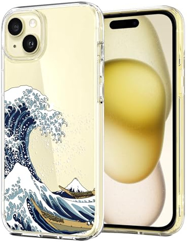 Unov Case Compatible with iPhone 15 Case Clear with Design Embossed Pattern Soft TPU Bumper Slim Protective 6.1 Inch (Great Wave)