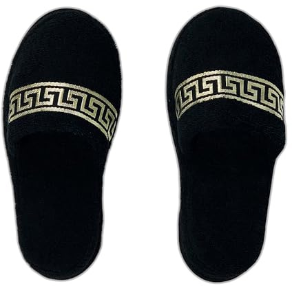 Belle Arti Hotelltofflor, frottétofflor, mäanderdesign i svart, guld, badtofflor för kvinnor och män, 100 % bomull, frotté, Enskild, Medium